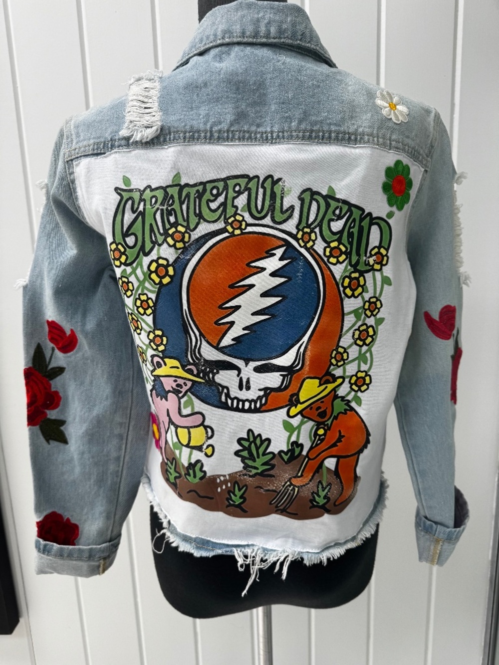CUSTOM GRATEFUL DEAD DENIM DISTRESSED JEAN JACKET WOMENS SMALL